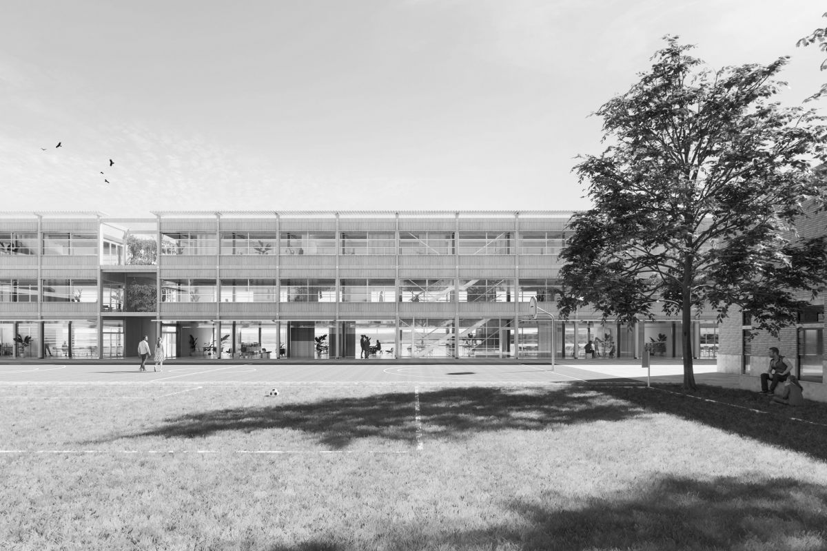 The new structure links the two existing schools and creates a central meeting point 200709_lukasraeber_vaduz_aussen_0