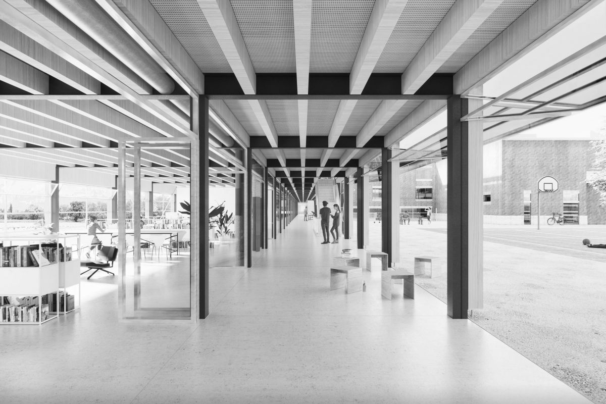 The “rue intérieure” that borders the shared schoolyard offers common spaces on all three levels, with a variety of areas for instruction and free time. 200709_lukasraeber_vaduz_mediathek