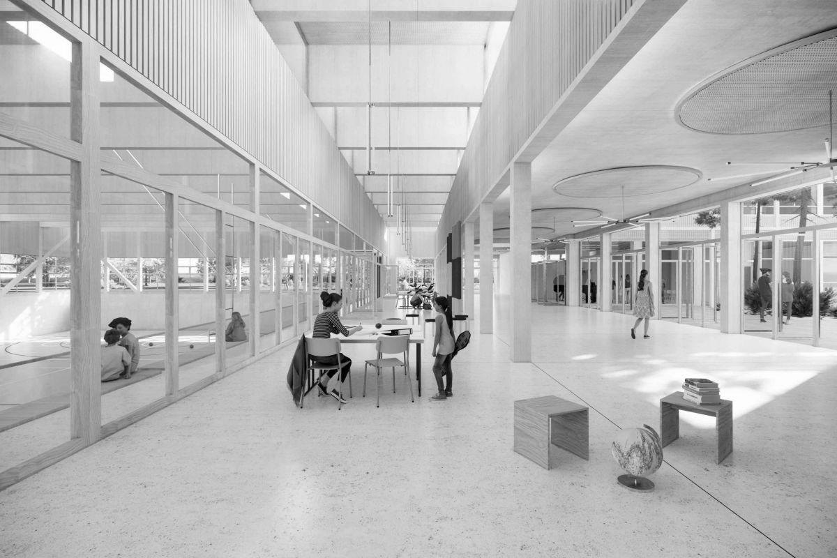 The “rue intérieure” links all of the school’s functions on the ground floor, providing common spaces that offer a variety of areas for studying and relaxation lukasraeber_ruggell_2_rang_lernzone