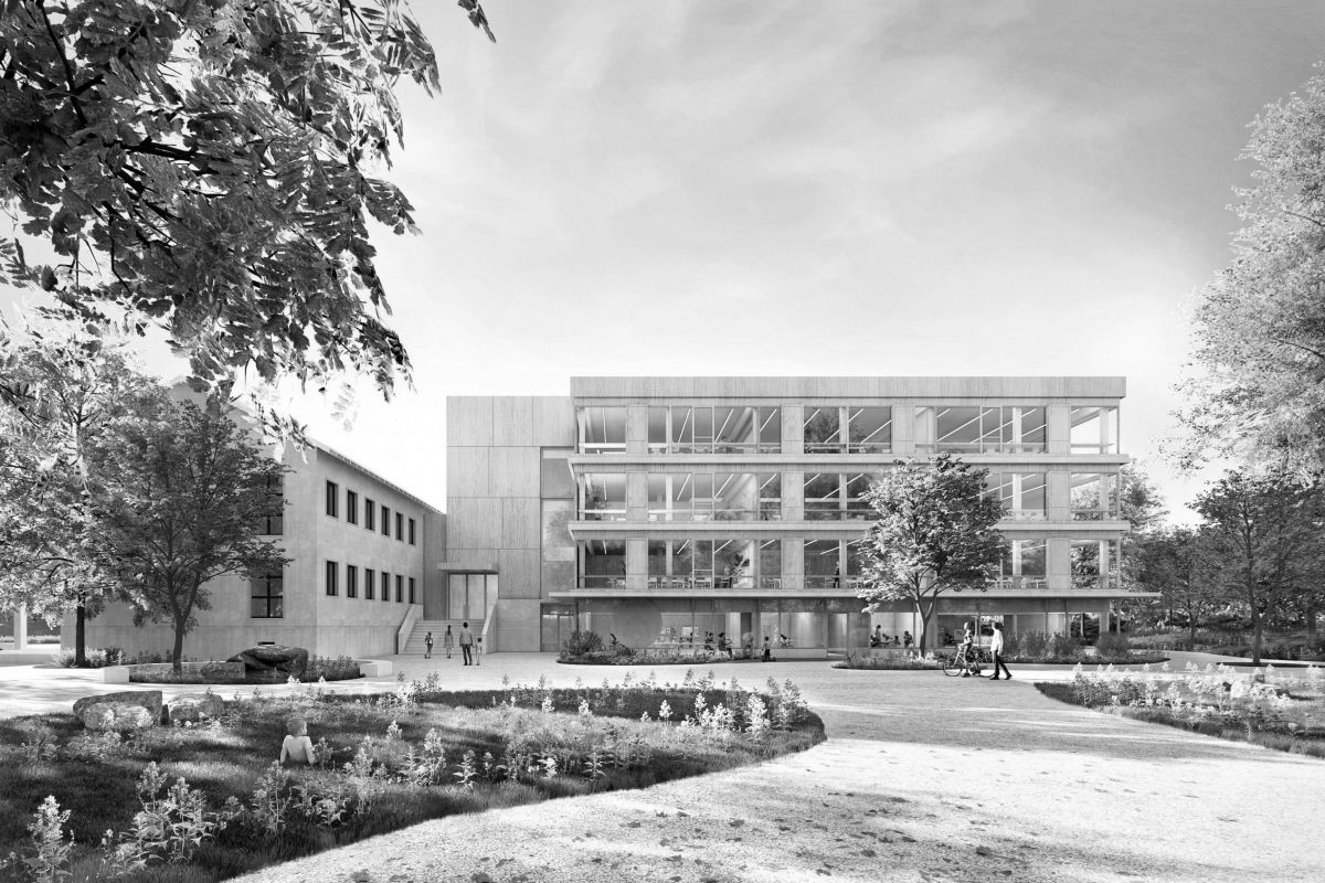 Umspült von einem grosszügigen, zusammenhängenden Freiraum definieren das neue Schulhaus gemeinsam mit dem behutsam eingebetteten Bestandsgebäude das bauliche Herzstück der durchgrünten Gesamtanlage und des Quartiers. lukasraeber_estradareichen_Schule_0